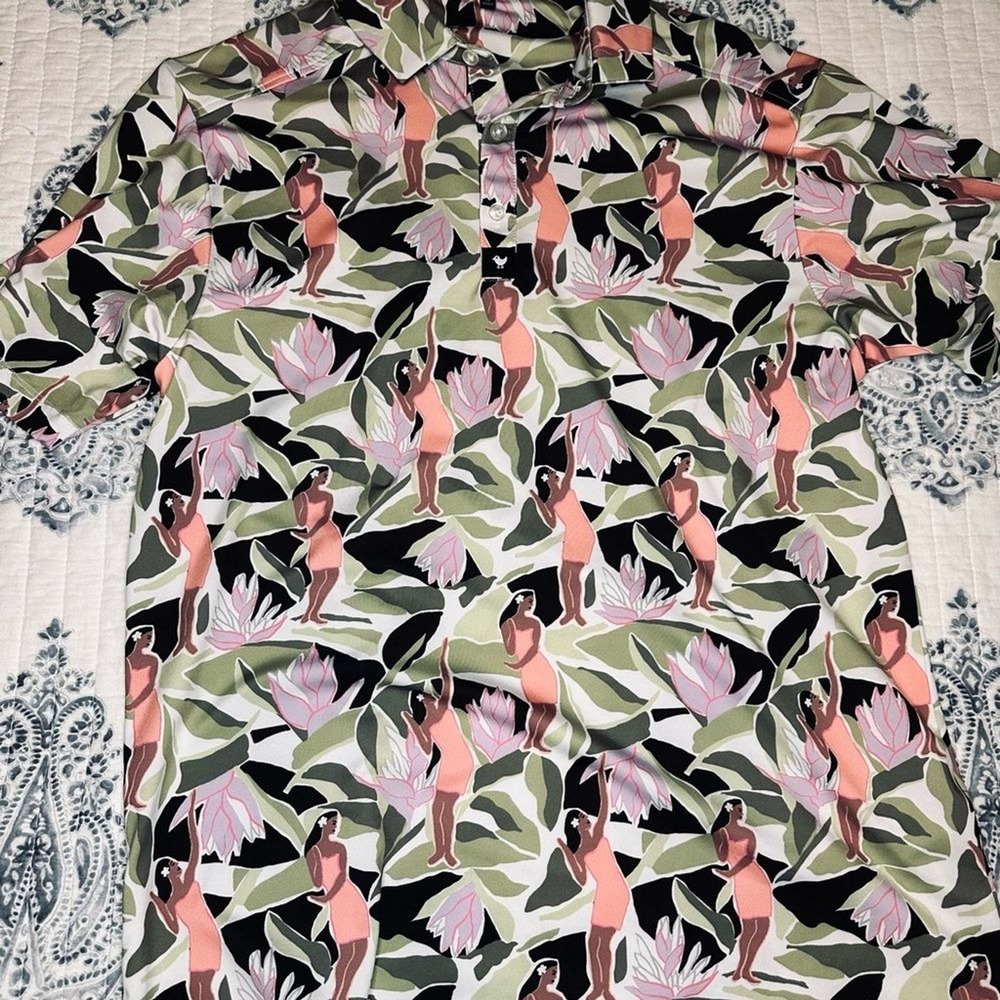 Bad Birdie Polo Shirt‎ Mens Medium Green Hula Dancer Tropical Golf Performance - Picture 2 of 5